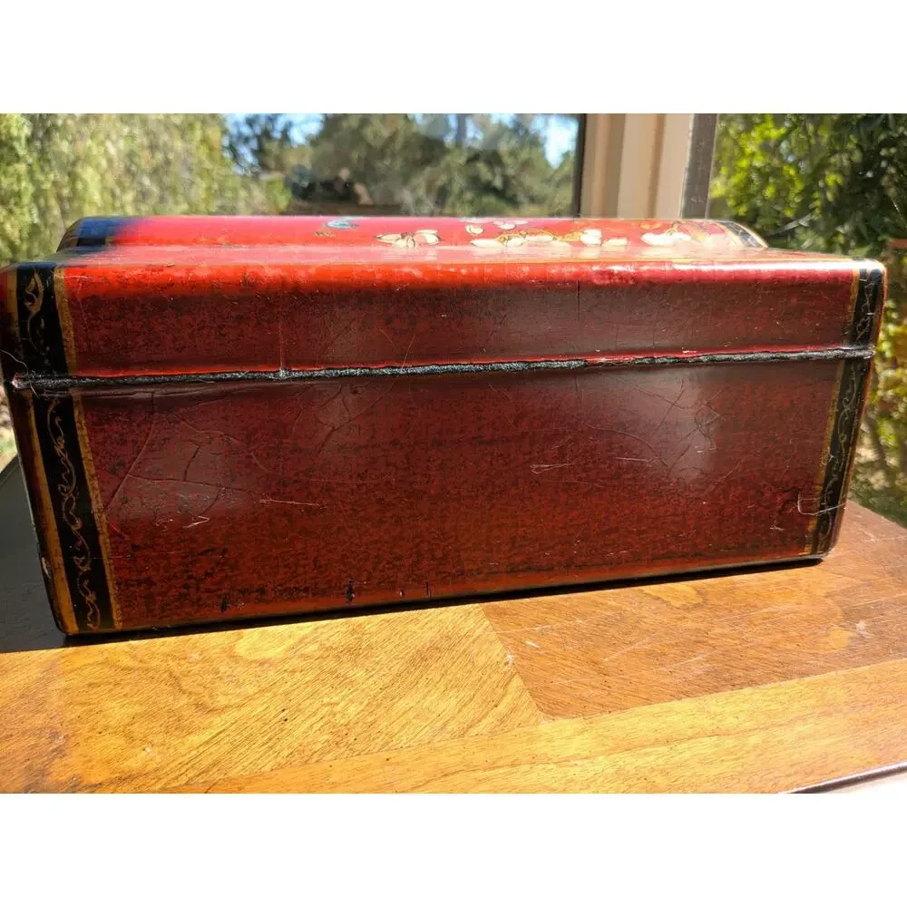 Antique Republic Period Chinese Red Lacquer Leather Trunk - Peacock - 13